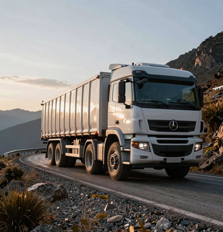 Low-angle wide shot of a heavy-duty multi-axle cargo truck navigating a winding Andean mountain pass at sunrise, high-contrast dramatic morning light, sharp details of the vehicle chassis.