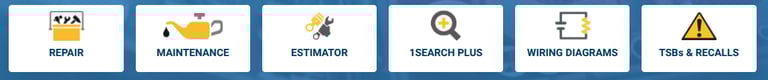 Auto repair software dashboard with icons for maintenance, estimator, wiring diagrams, and TSBs.