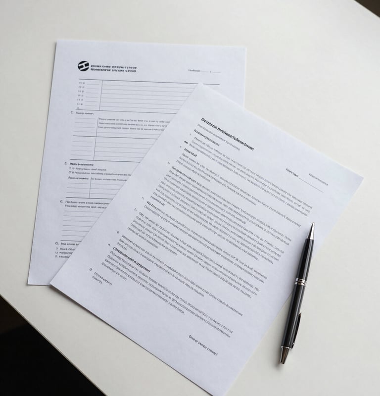 Overhead flat-lay on a clean white desk: printed legal forms and handwritten notes, a pen resting mid-page, under bright even north-facing daylight — no people, no faces