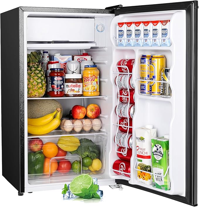 Black Upstreman single-door mini fridge with freezer, crisper drawer, and adjustable shelves
