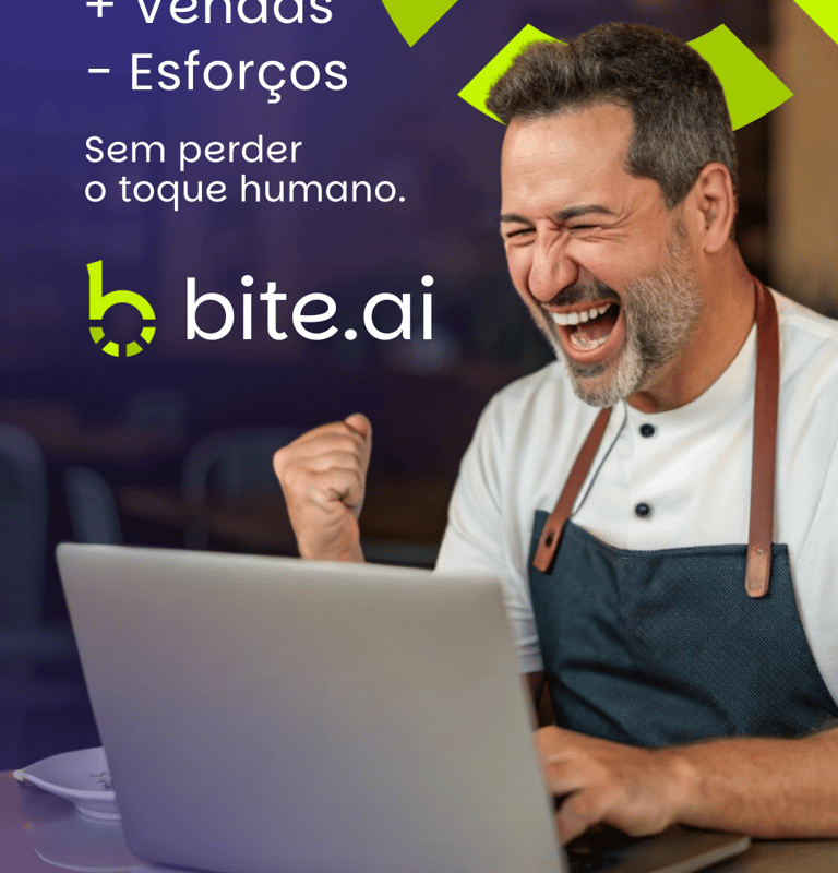 Banner da bite.ai destaca homem com avental em frente ao notebook, texto promocional e logo verde.