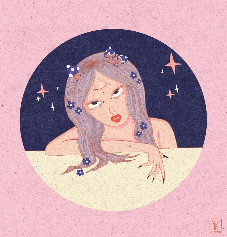 a woman with a flower crown on her head mushroom illustration third eye