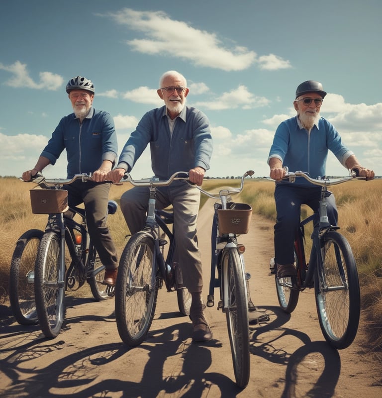 An elderly person is riding a bicycle on a paved path. They appear relaxed, surrounded by several people standing and walking in the background near a railing beside a body of water. The pathway and trees create a serene atmosphere.