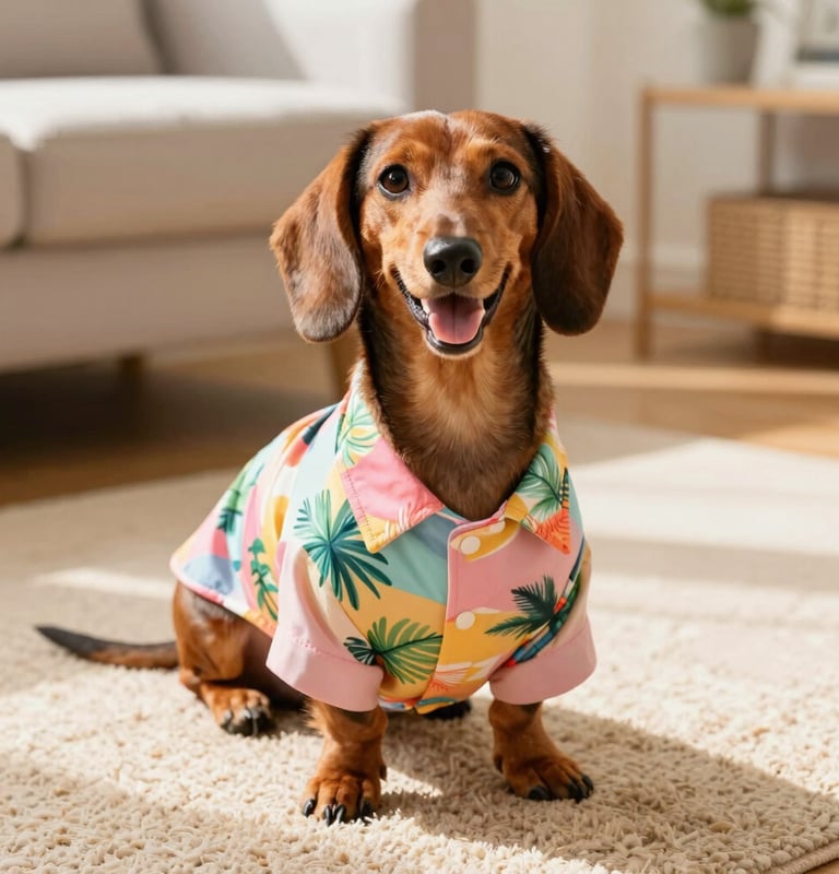 Un dachshund marrón con una camisa colorida de palmeras tropicales sentado en una alfombra 