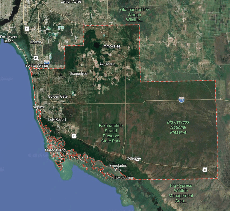 Aerial satellite map of Collier County Florida highlighting Big Cypress National Preserve and Naples.