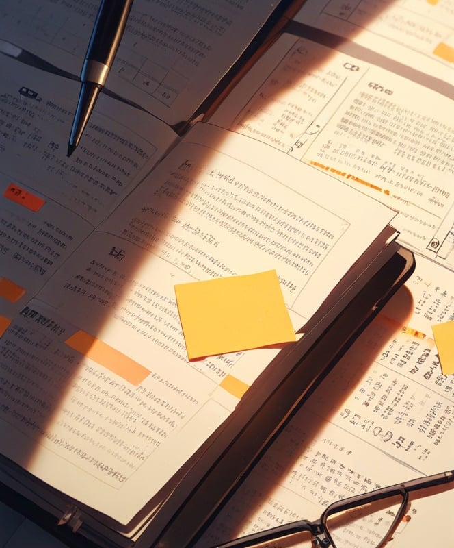 An open book with a yellow post-it note marked with a question mark, symbolizing reflection, curiosi