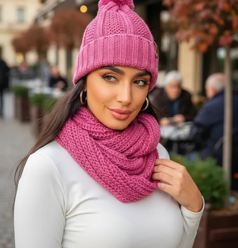 Touca Pompom Feminina de Lã e Cachecol Gola Tricot Frio Kit