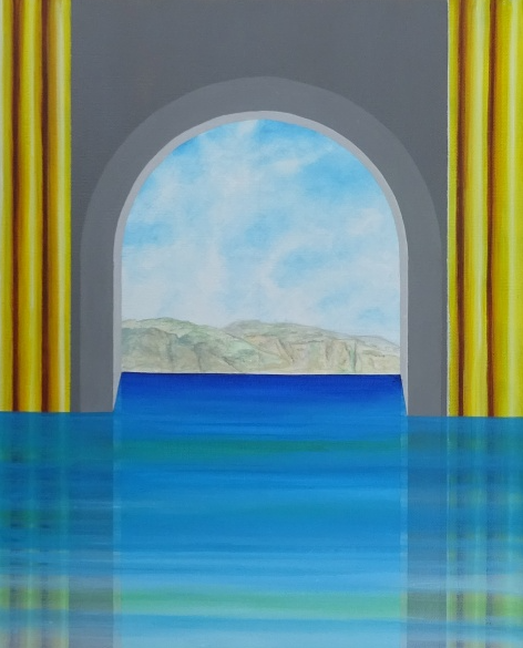 a painting of a view of a window with a view of a beach
