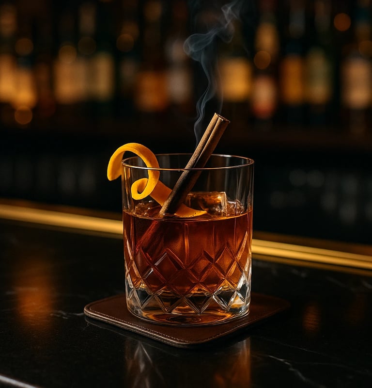 Smoked Vanilla Old Fashioned cocktail with orange peel and cinnamon stick, served in a crystal glass