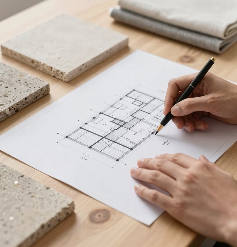 Close-up of a designer's hands reviewing architectural plans on a natural wood table, with samples of stone and textile, crisp architectural photography, bright natural daylight, neutral earth tones, 35mm lens, deep depth of field.