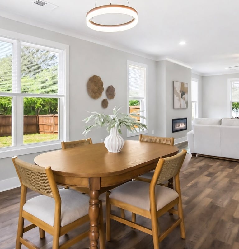 Dining room staged with a light wood table and neutral chairs in Anderson SC, by Staging House
