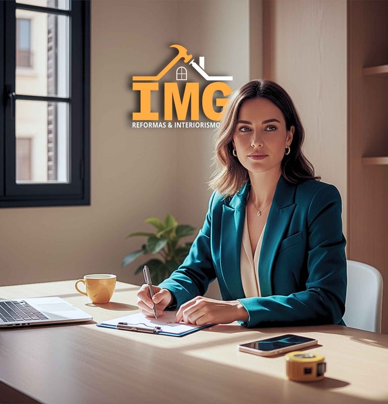 Asesora de reformas en Madrid toma notas en su escritorio con libreta, móvil y cinta métrica.