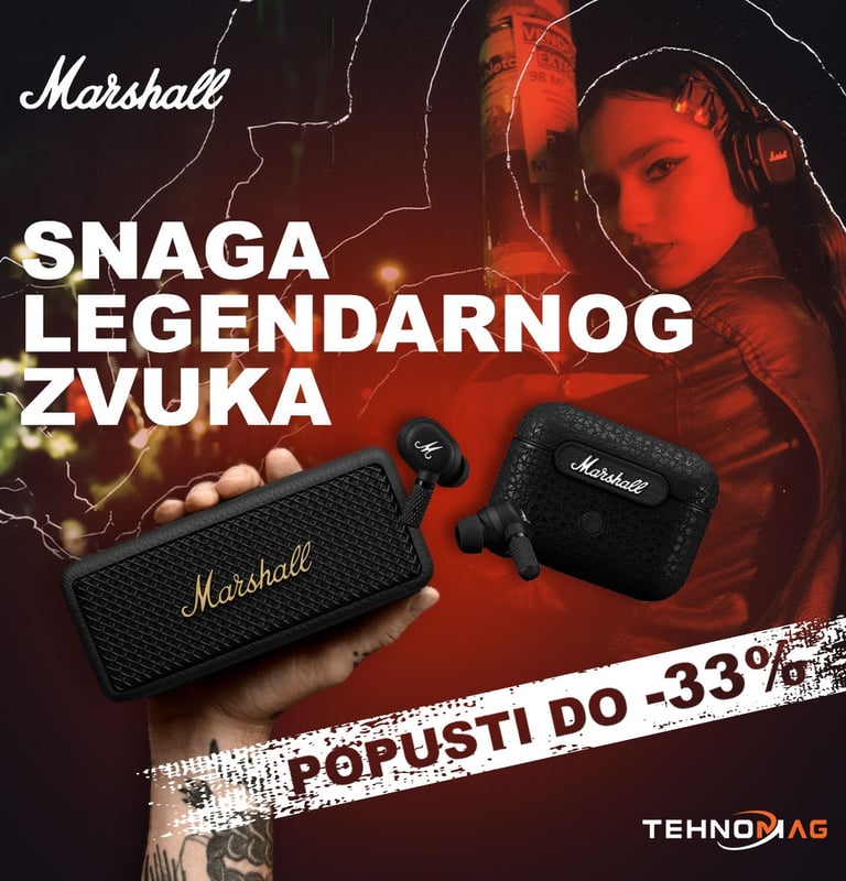 Grafički dizajn digitalnog bannera za Marshall - prikazuje ponudu audio uređaja s fokusom na promotivne cijene
