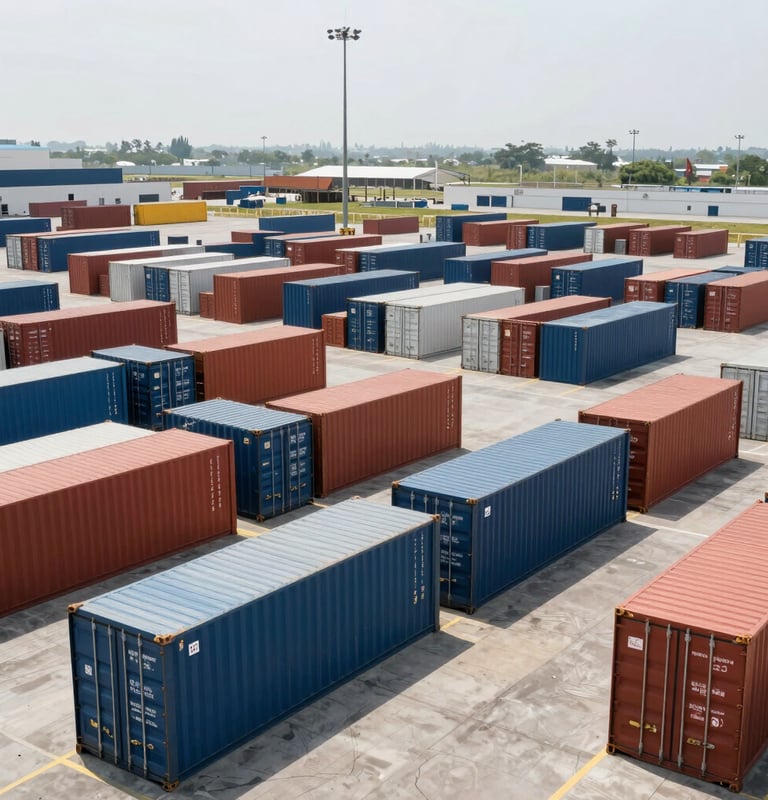 Wide-angle industrial shot of a clean, organized logistics terminal in Mexico, rows of shipping containers, bright daylight, precise alignment.