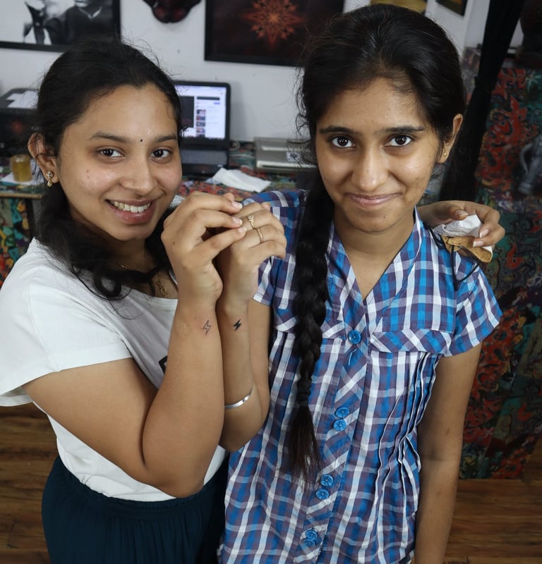 Best friends matching tattoos on wrists at Dudo’s Tattoos in Hyderabad