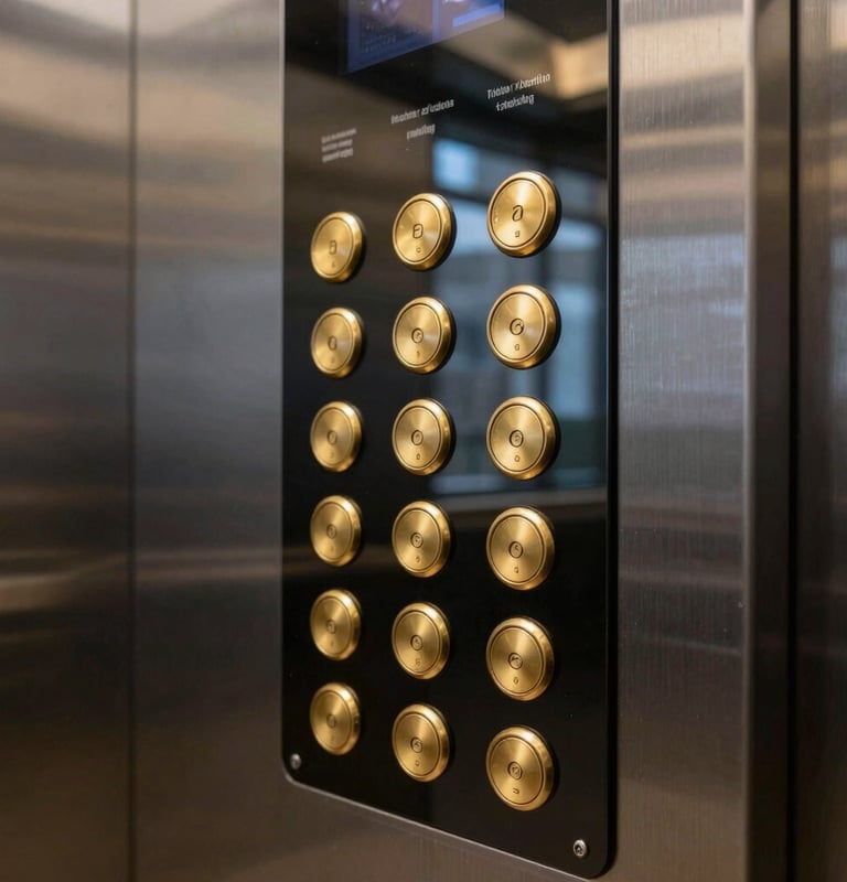 A sophisticated close-up of a premium elevator control panel with gold-finished buttons and a sleek black metallic surface, reflecting the interior of a luxury corporate lobby in a major Indian city.