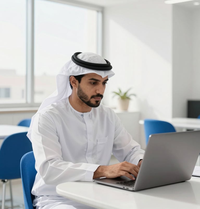 A medium-close environmental shot of a focused Arab professional working on a laptop in a modern, sunlit Muscat co-working space, soft morning daylight, clean white and electric blue accents, sharp focus, 35mm