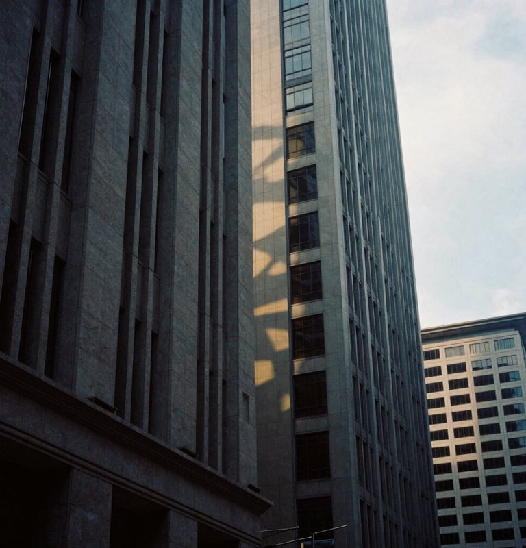 Abstract architectural details of Singapore's financial district, towering stone facades with deep dramatic shadows, soft overcast daylight, 35mm