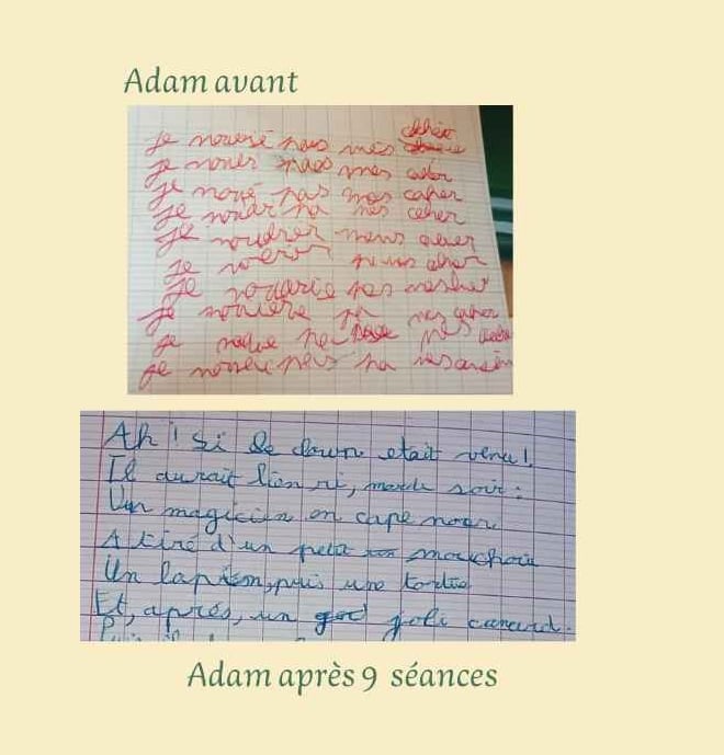 Images de l'écriture de Adam avant et après un suivi en graphopédagogie.