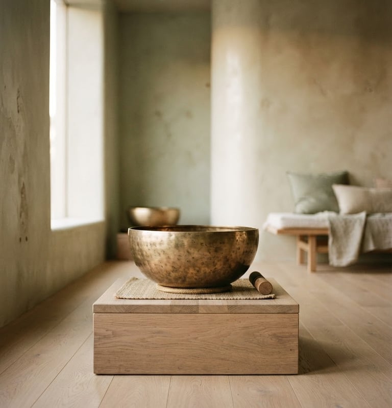A minimalist luxury sound healing sanctuary with polished plaster walls, a single large brass singing bowl on a low wooden plinth, soft ambient twilight lighting, 35mm photography.