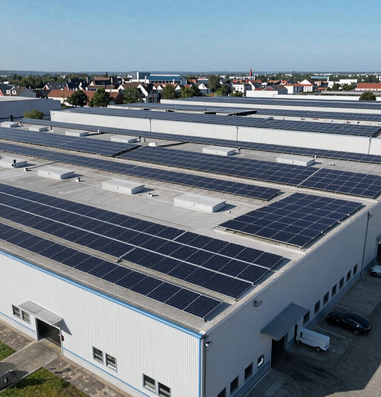 Wide aerial shot of a large industrial warehouse in a European / French commercial zone with a vast array of high-quality solar photovoltaic panels on the roof under a clear blue sky.