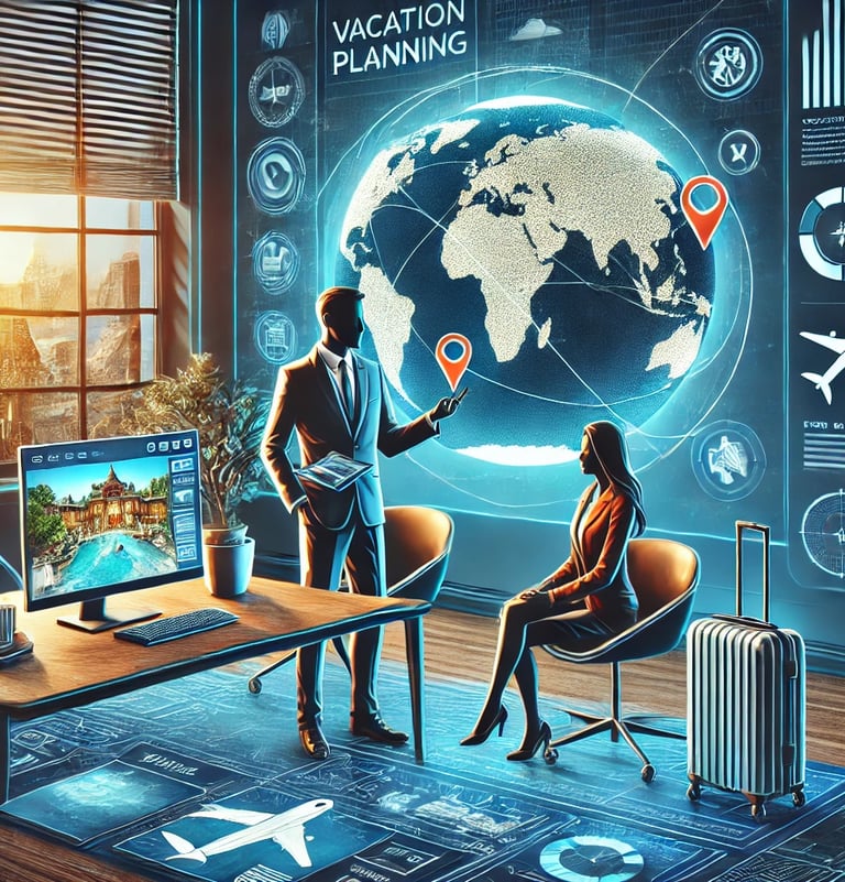 Financial advisor presenting vacation plans to a couple in a stylish office with travel-themed decor