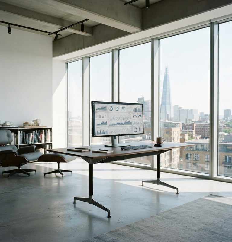 Wide shot of a modern, minimalist office space with large windows, a sleek desk with a high-end analytical dashboard displayed on a monitor, cool desaturated tones, architectural daylight, editorial 35mm.