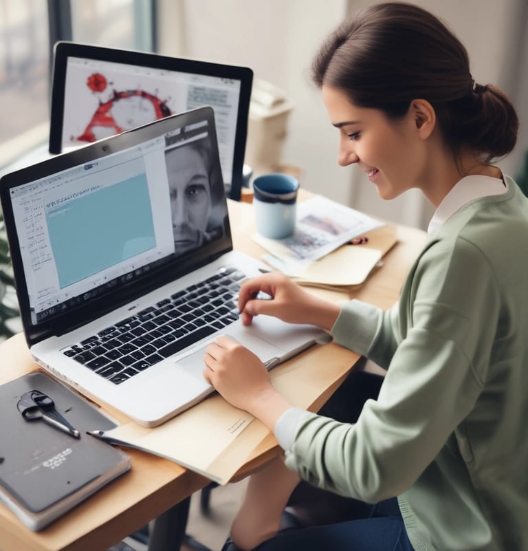 a woman sitting at a desk with a laptop and a notebook