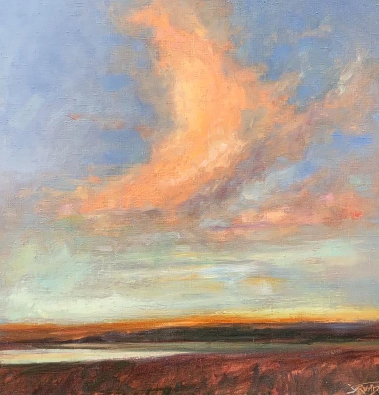 Soft watercolor landscape with glowing sky in warm peach and blue tones over a quiet horizon