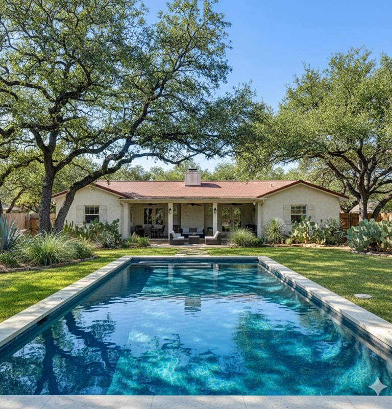 Clean backyard pool in Georgetown after weekly cleaning service by True Flow Pool Soltuions.