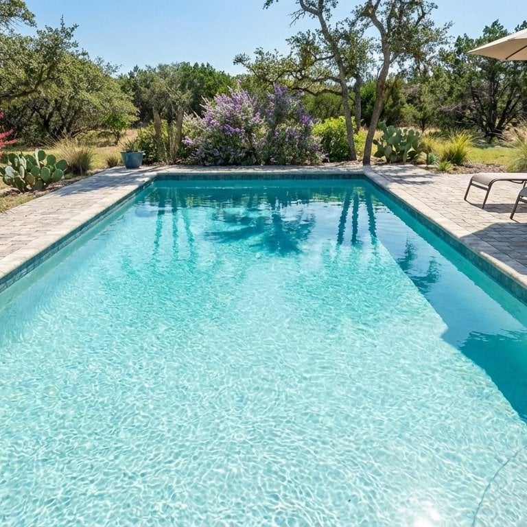 A sparkling clean swimming pool on a bright sunny day in a Central Texas backyard.