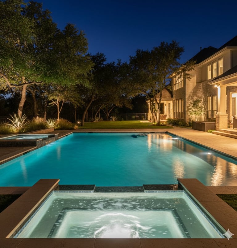 Well lit backyard pool showing properly repaired pool lights after sunset