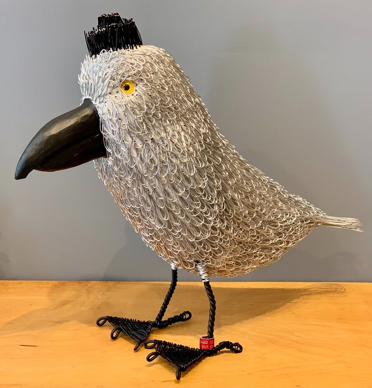 BETTY'S NEW HAT - pine and plated wire bird by Guy Cranston