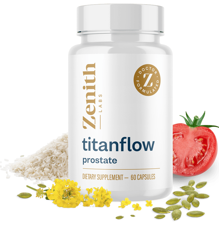 Zenith Labs TitanFlow prostate dietary supplement bottle with pumpkin seeds, tomato, and rice.