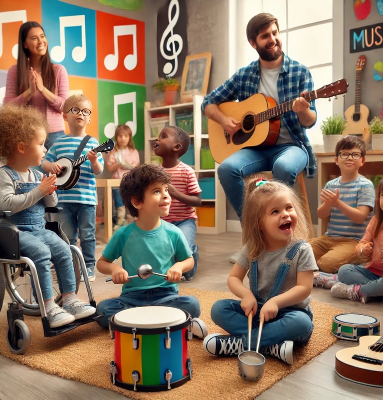 A classroom scene where children with special needs are actively engaged in music session.