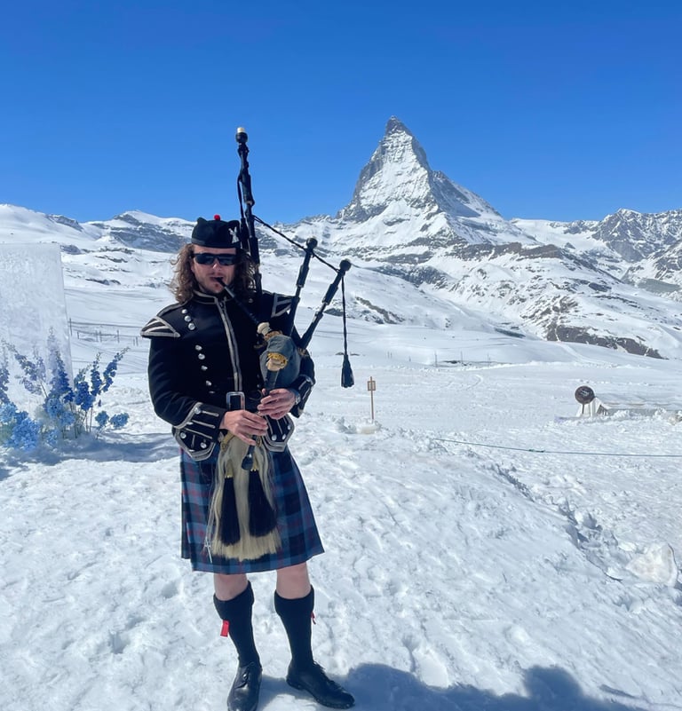 Tony piping for a wedding on the Matterhorn glacier, Switzerland in 2023