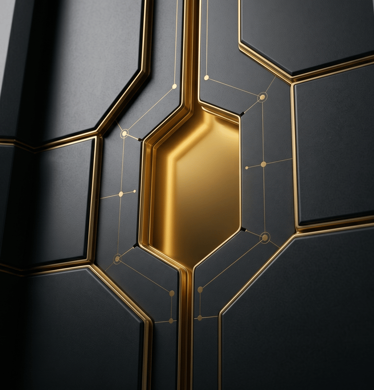 A robust dark geometric shield representing digital reputation shielding and management.