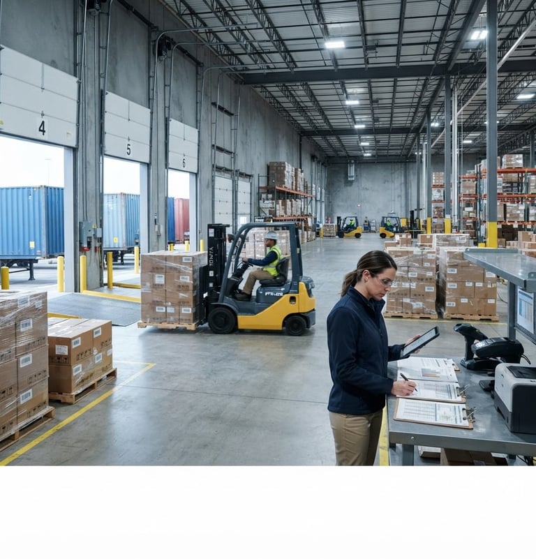 Wide shot of a clean, organized warehouse loading dock with neatly stacked shipping pallets, a forklift moving inventory, and a supply chain professional reviewing manifests. Cool, neutral industrial lighting.
