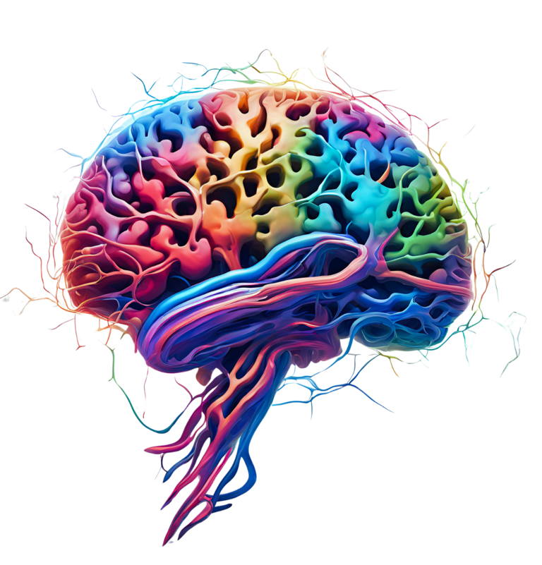 Imagem artística de cérebro humano com cores vibrantes,destacando conexões e rede neural complexa.