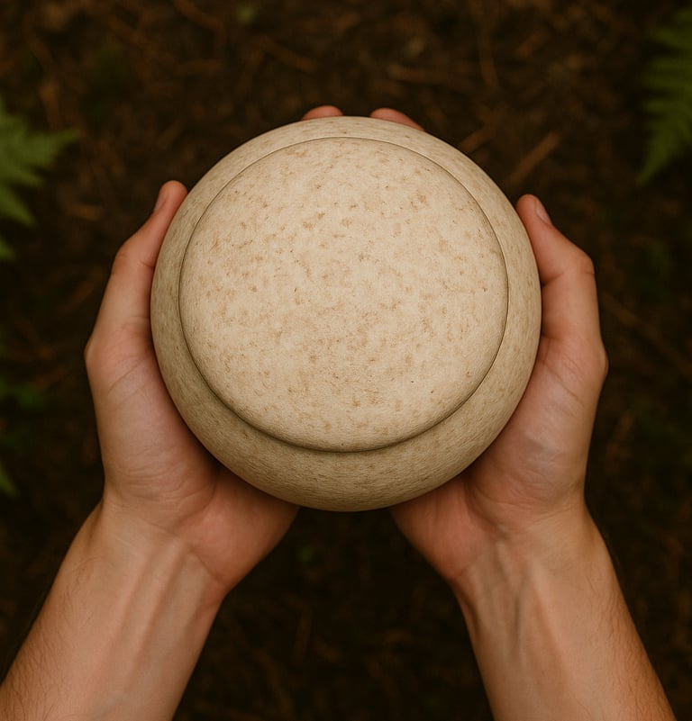 A top-down photo of two hands holding a Naturn™ with ashes in a forest