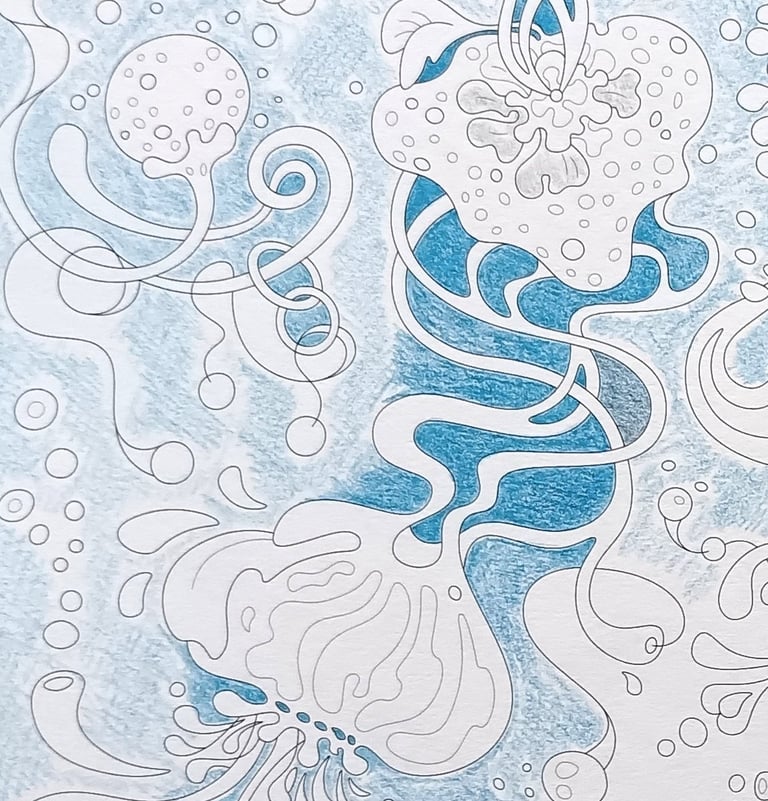 a drawing of a jellyfish in a blue and white background