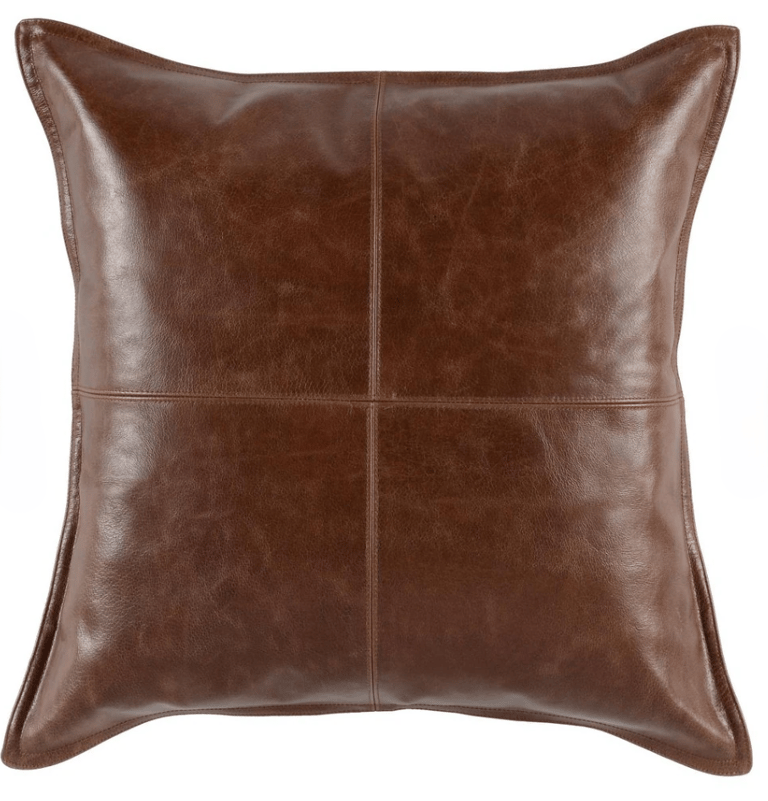 Square brown faux leather throw pillow with decorative quadrant stitching for rustic home decor.