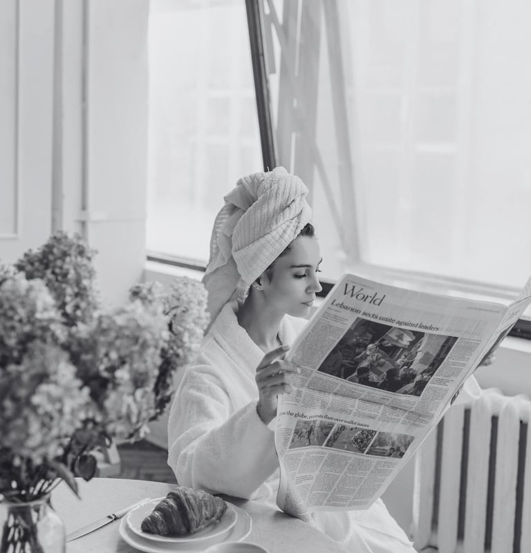 a woman reading the latest news about piano piano as she wanted to keep informed.