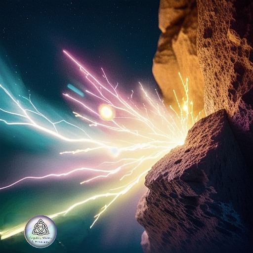 a rock with a bright light shining through the sky everything is vibrations