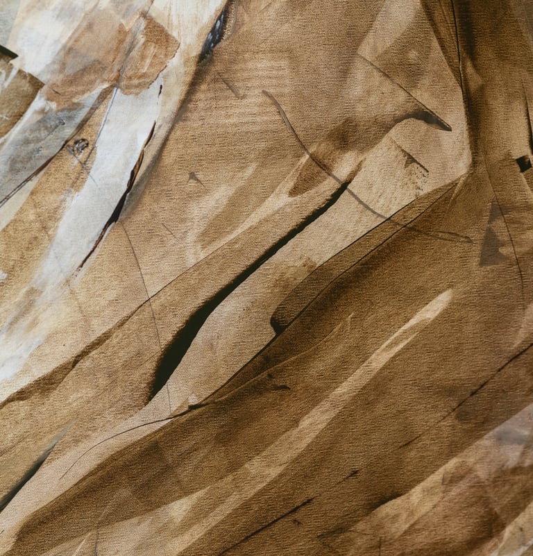 Abstract oil painting on canvas featuring earthy brown brushstrokes and textured neutral tones.