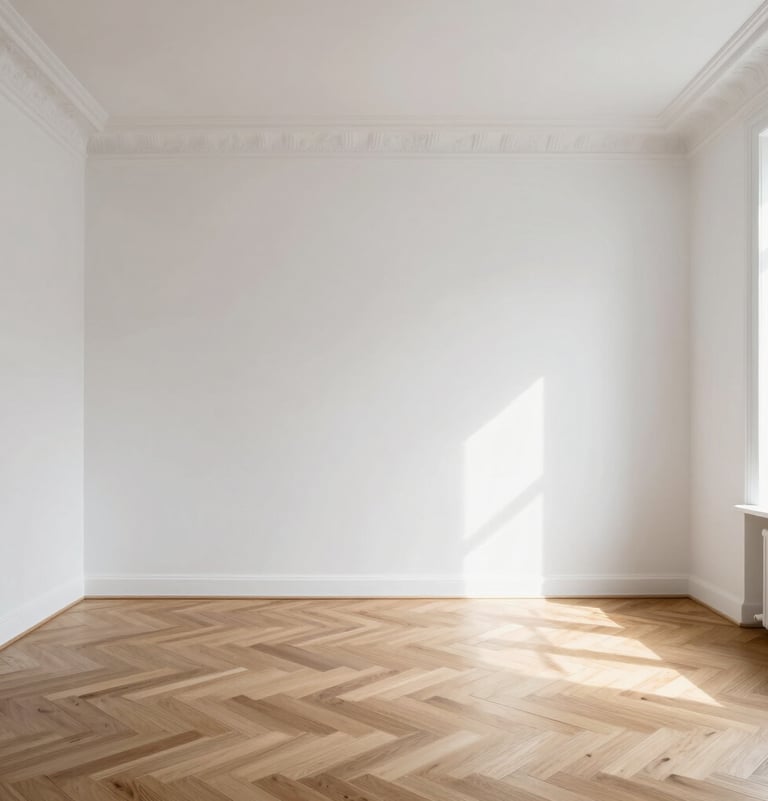 Straight-on architectural shot of a minimalist Parisian living room with flawless white walls, high ceilings, and herringbone oak flooring, bathed in soft morning light.
