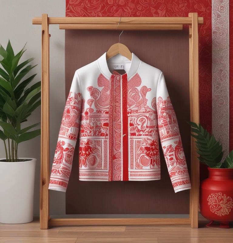 A vibrant white and red trendy t-shirt displayed on a wooden hanger with a Palangka Raya backdrop