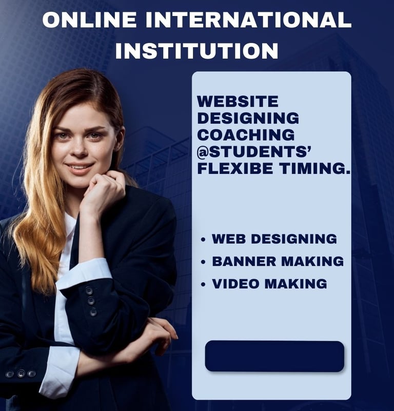 Professional woman promoting online website designing coaching, banner making, and video making courses.
