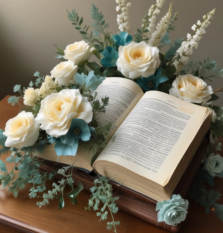 A peaceful arrangement of open bible with soft watercolor floral accents in teal and cream tones