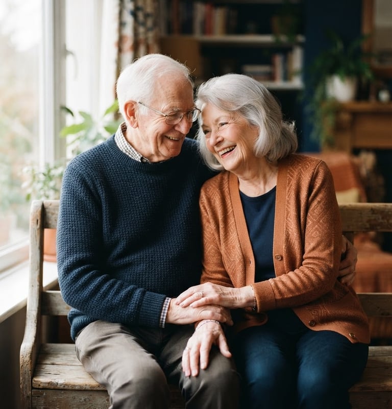 A warm portrait of an elderly couple sitting together on a wooden bench, natural window light, soft copper tones, shallow depth of field, 35mm